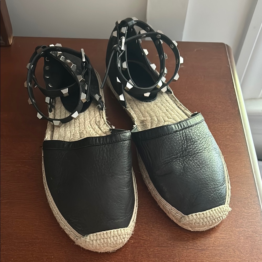Rebecca Minkoff Studded Black Leather Espadrille Sandals
